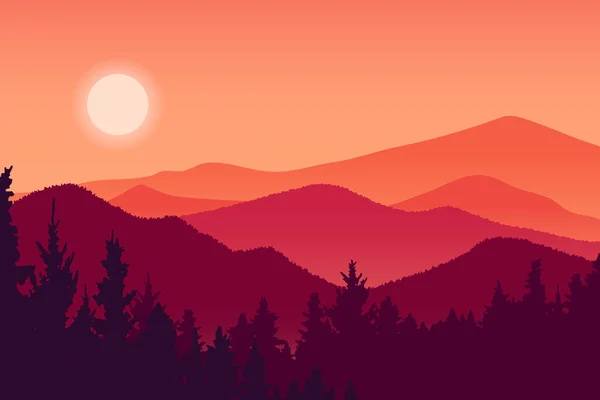 Berglandschap Bos Vector Illustratie Rood Silhouet Heuvel Omgeving Bij Zonsondergang — Stockvector