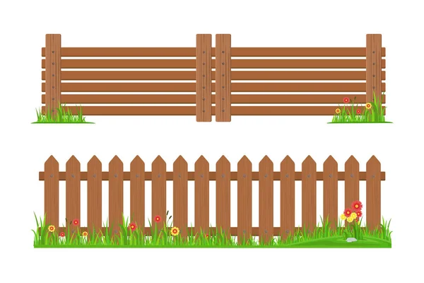 Holzzaun Mit Gras Und Blumen Vektordesign — Stockvektor