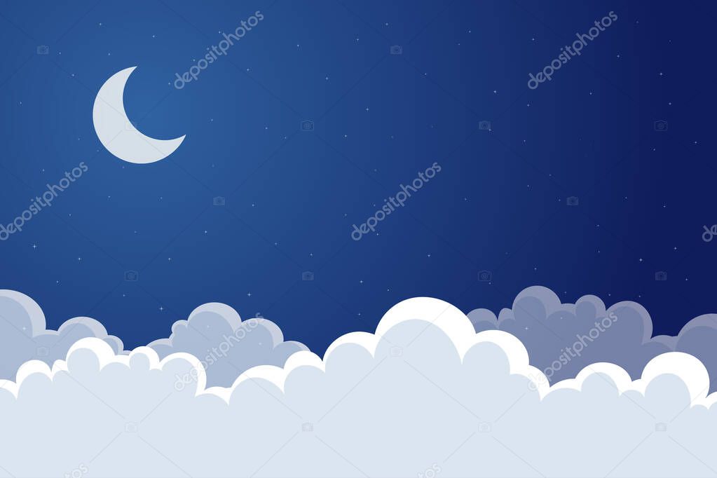 vector landscape of clouds and night sky with crescent moon for background