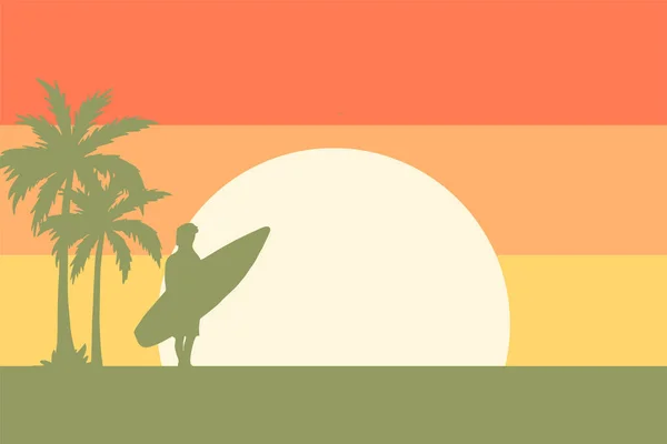 Человек Доской Серфинга Векторная Иллюстрация Пейзажа Заката Тропическом Пляже — стоковый вектор
