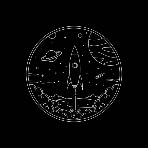 Rocket Exploring Space Monoline Style Design Logo Illustration — Stock vektor