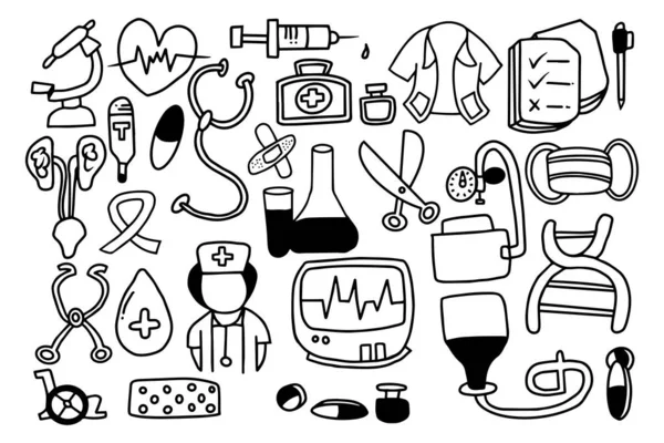 Equipamento Médico Hospitalar Conceito Design Estilo Doodle — Vetor de Stock