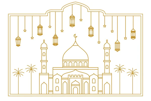 Disegno Del Profilo Della Moschea Con Lanterne Appese Concetto Ramadan — Vettoriale Stock