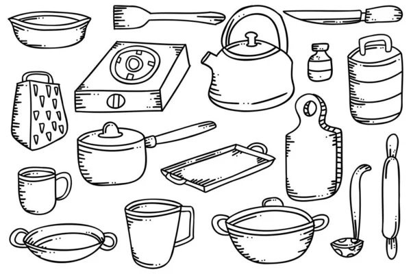 Кухонная Утварь Нарисованная Вручную Рисунок Каракули Кухонная Утварь Очертания Дизайна — стоковый вектор