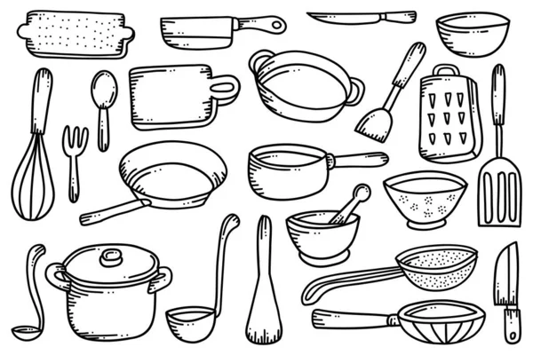Kitchen Utensils Hand Drawn Doodle Illustration Isolated White Background — Stock Vector