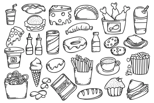 Fast Food Schets Doodle Ontwerp Set — Stockvector