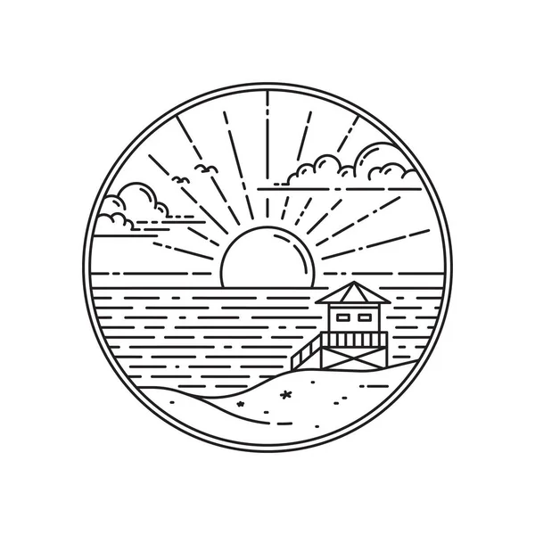 Beach House Monoline Badge Design Sunset — Vector de stock