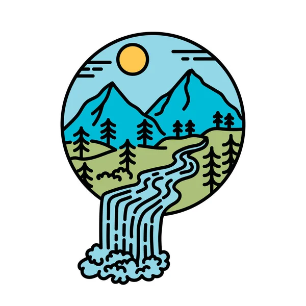 Naturaleza Logo Paisaje Montaña Bosque Cascada — Vector de stock