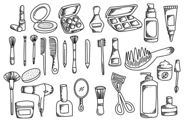 Set of hand drawn beauty makeup outline doodles