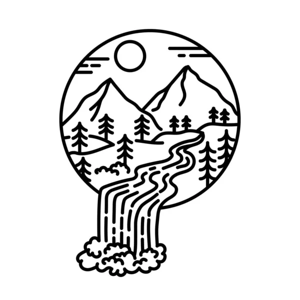 Дизайн Логотипа Горы Водопада Монолинном Стиле — стоковый вектор