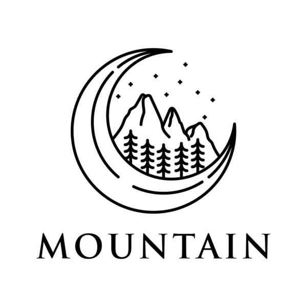 Monoline Logo Crescent Moon Mountain Isolated White Background — Wektor stockowy
