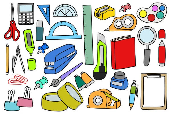 Doodle School Supplies Set Hand Drawn School Equipment Icon — Vector de stock