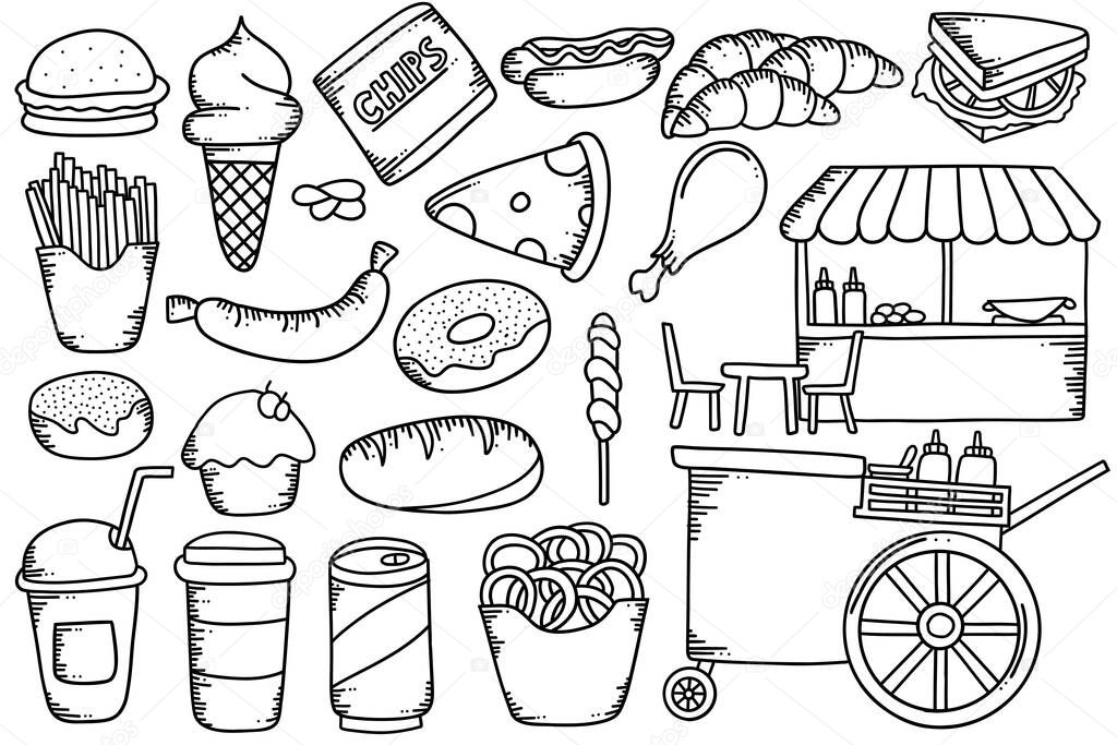 hand drawn doodle design fast food concept street vendor illustration