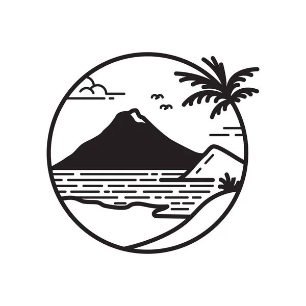 Тропический Логотип Пляжа Горным Ландшафтом Береговой Линией Лицензионные Стоковые Иллюстрации