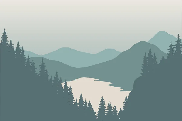 Silueta Paisaje Montañas Con Lago Bosque — Vector de stock