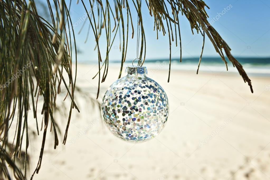 Boule De Noël En Verre Est Suspendu à Un Arbre Sur La Plage