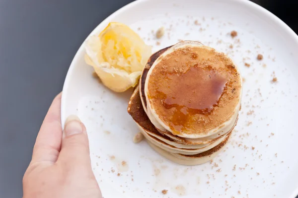 Sunday breakfast, mini pancakes — Stock Photo, Image