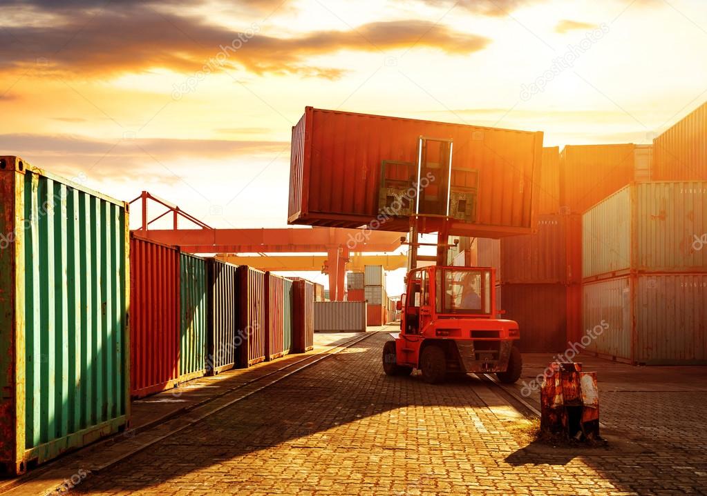 The container terminal at dusk