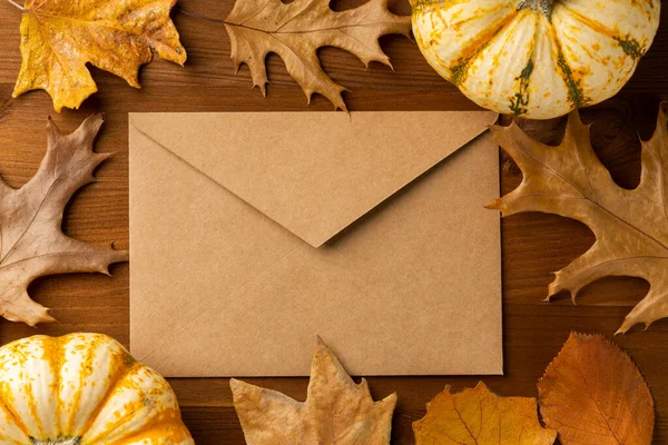 Autumn, sonbahar kırtasiyesi sahnesi. Boş tebrik kartları, davetiyeler, el işi kağıt zarfları, zeytin dalları, müslin ekoseli balkabakları. Güneş ışığında kuru kırmızı kayın yaprakları. Şükran Günü konsepti