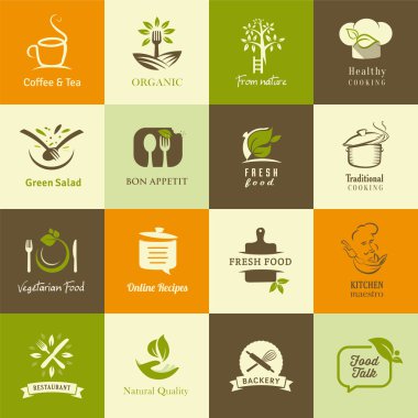 Organik ve vejetaryen yemekler, yemek ve restoranlar için simge kümesi