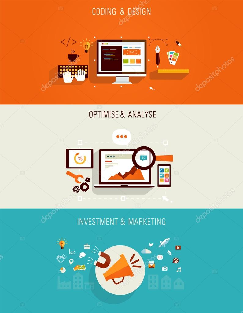 Set of flat Icons for web design, seo, digital marketing and investments.