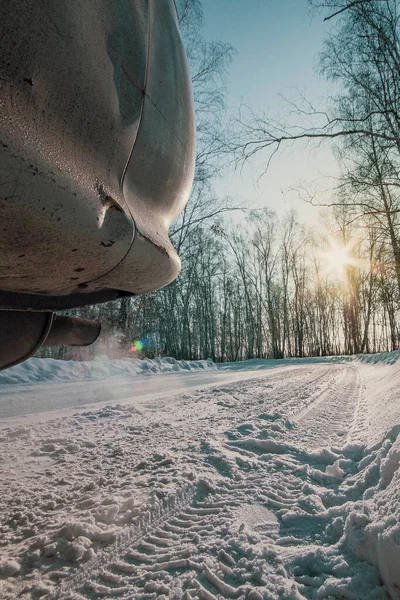 Abgase Eines Autos Der Natur Winterbirkenwald — Stockfoto