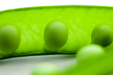 İzole edilmiş beyaz arka planda taze bezelyeler yakın planda, ön ve arka planda bokeh etkisi ile bulanık