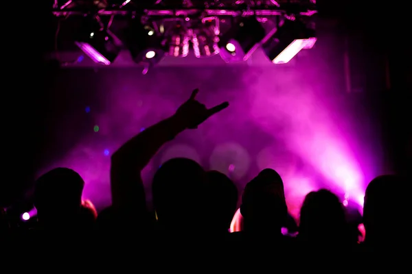 Підняті Руки Божевільних Людей Рок Концерті Спереду Ззаду Розмиті Ефектом — стокове фото