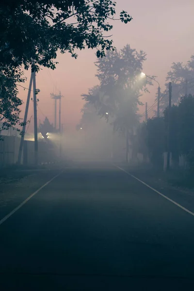 Δρόμος Στην Πόλη Ένα Σκοτεινό Βράδυ Βαριά Ομίχλη Φωτίζεται Από — Φωτογραφία Αρχείου