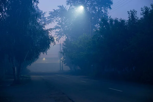 Városban Egy Sötét Este Erős Köd Megvilágított Led Utcai Lámpák — Stock Fotó