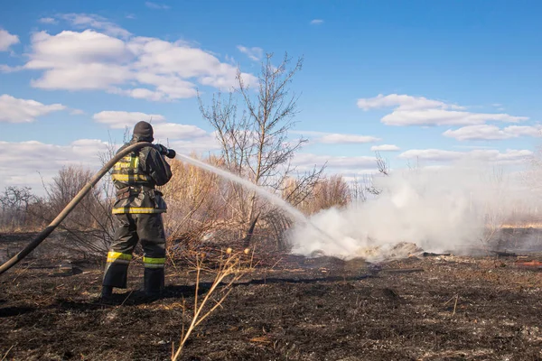 Ein Tapferer Feuerwehrmann Löscht Mit Hilfe Eines Wasserhydranten Einen Grasbrand — Stockfoto