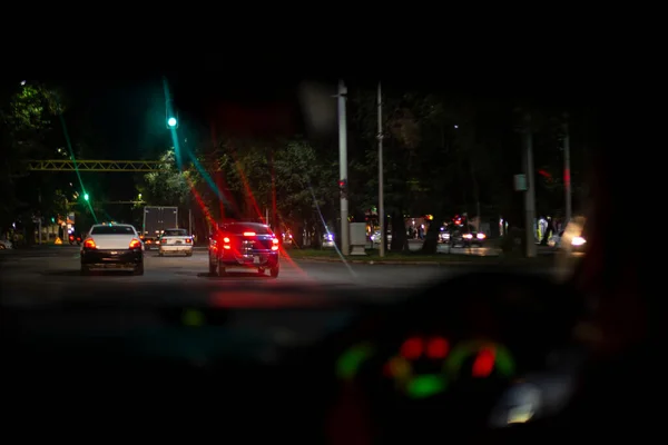 View Passenger Compartment Night Road Illuminated Fog Lights Car Poor — Stock Fotó