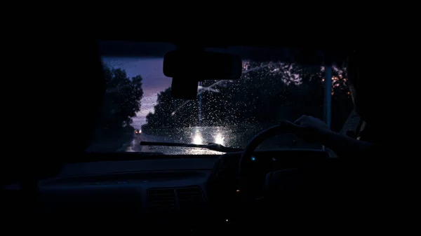 Вид Пассажирского Отсека Ночной Дороги Освещенный Туманными Огнями Автомобиля Плохой — стоковое фото