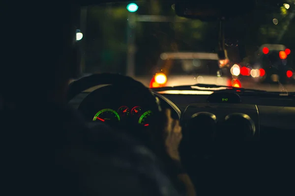 View Passenger Compartment Night Road Illuminated Fog Lights Car Poor — Stockfoto