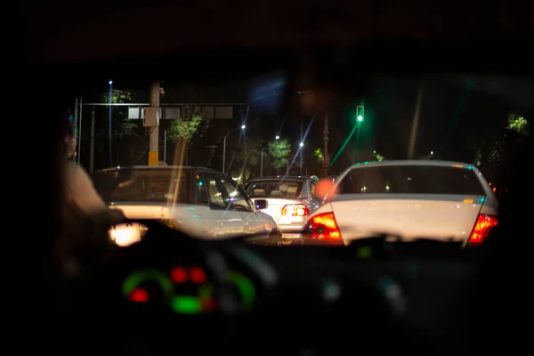 View Passenger Compartment Night Road Illuminated Fog Lights Car Poor — Stock Fotó