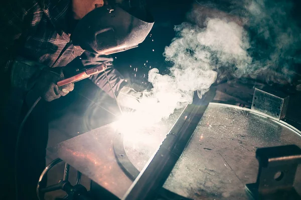 Welder Performing His Work Stationary Post Electric Arc Welding — 图库照片