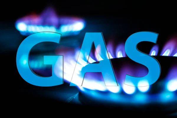 Das Wort Gas Auf Dem Hintergrund Von Gasherdbrennern Auf Dunklem — Stockfoto