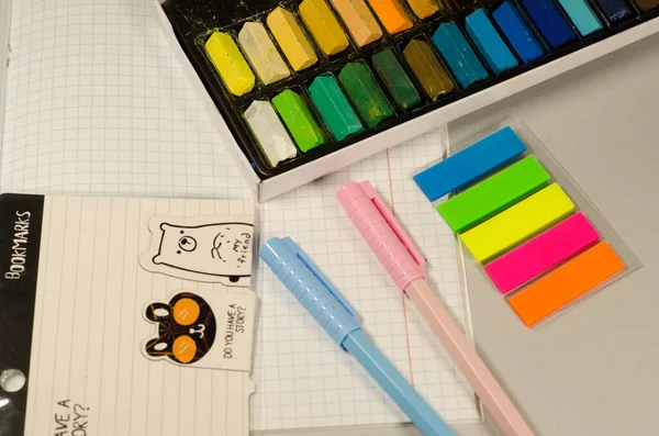 Stationery Crayons Pastels School Office Pens Notebook Paperwork — Stock Fotó