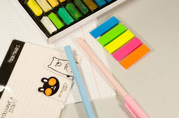 Stationery Crayons Pastels School Office Pens Notebook Paperwork — Foto Stock