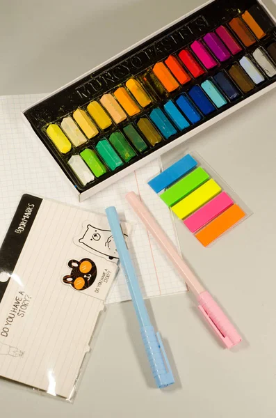 Stationery Crayons Pastels School Office Pens Notebook Paperwork — Stock fotografie