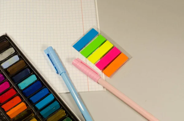 Stationery Crayons Pastels School Office Pens Notebook Paperwork — Stock Fotó