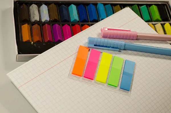 Stationery Crayons Pastels School Office Pens Notebook Paperwork — Stock Fotó