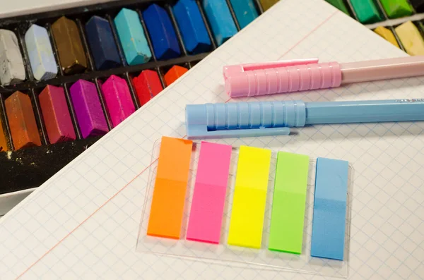 Stationery Crayons Pastels School Office Pens Notebook Paperwork — Photo