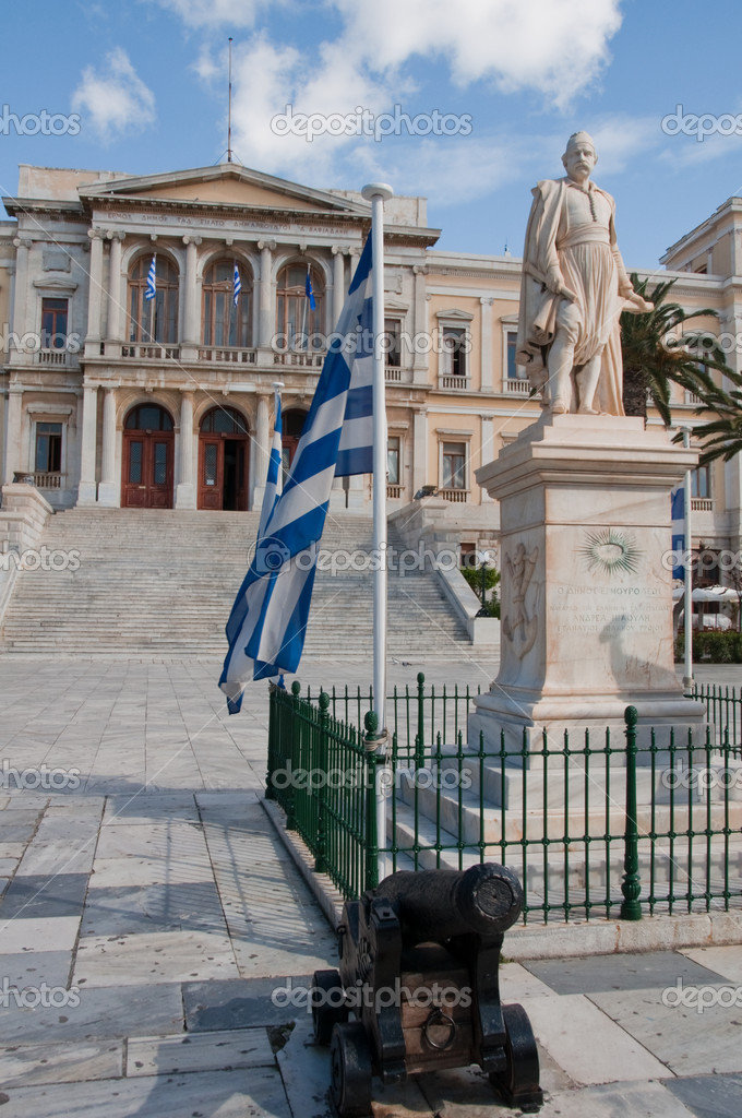 Statue of Andreas Miaoulis and Ermoupolis Town Hall (Greece) Stock
