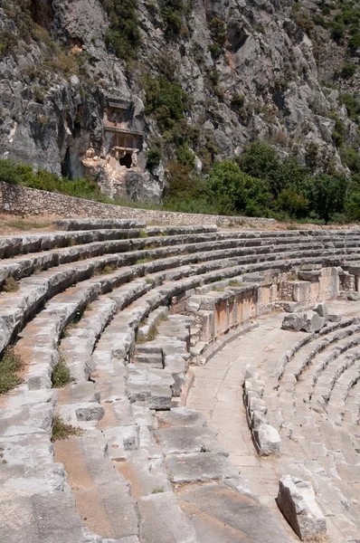 Ancient amphitheater and Lycian tombs in Myra (Turkey) — Stock Photo, Image