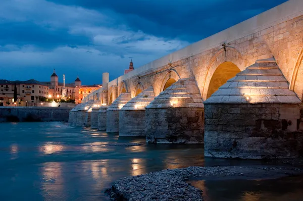 Römische Brücke und Moschee von Córdoba bei Nacht (Spanien) — Stockfoto
