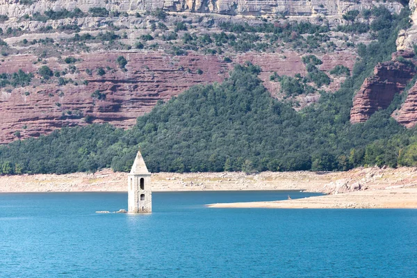 Bell Tower San Roman Sau Village Submerged Sau Reservoir Barcelona — Stock Photo, Image