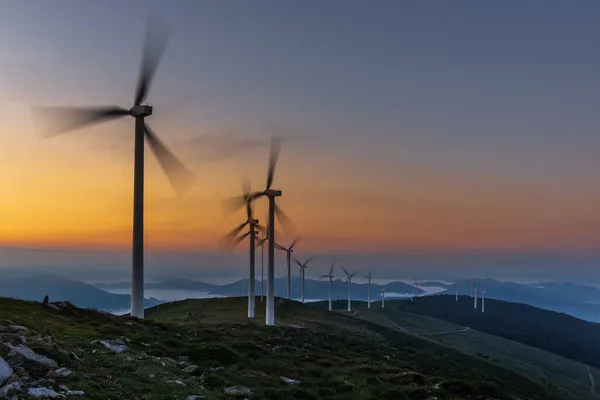 Wind Turbines Farm Sunrise Oiz Mountain Basque Country Spain — Stock Photo, Image