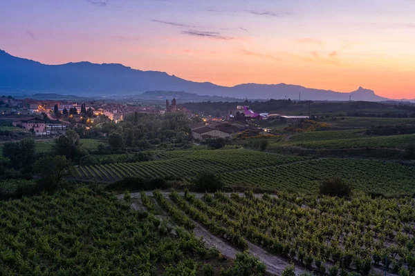 Szőlőültetvények Város Elciego Napkeltekor Rioja Alavesa Spanyolország — Stock Fotó