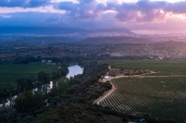 Landscape with Ebro river at sunrise, El Cortijo of Logroo, La Rioja in Spain